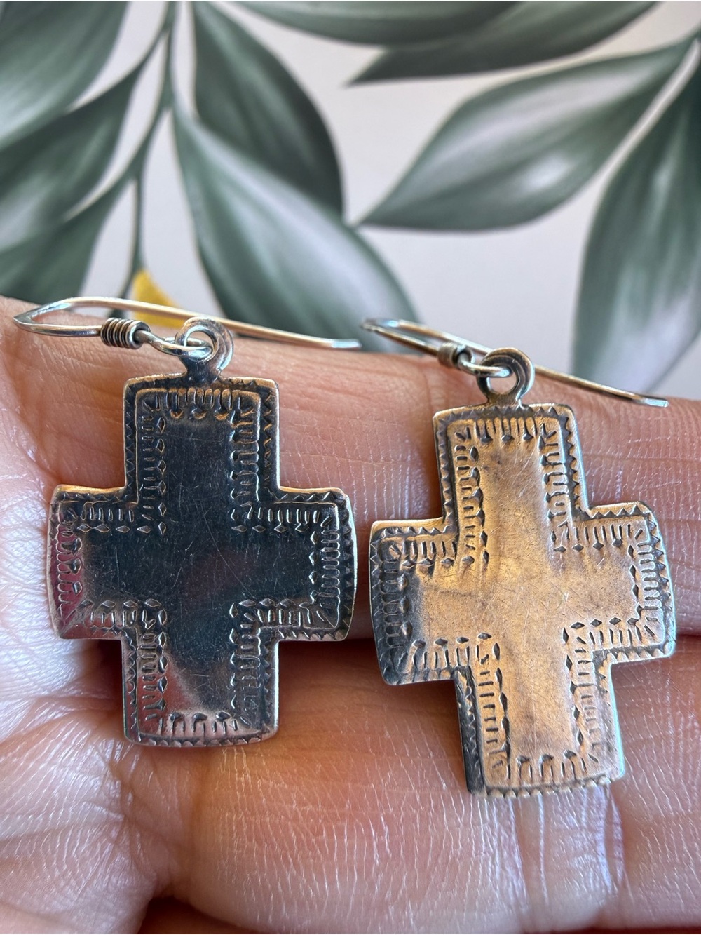 Sterling Silver Cross Dangle Earrings in Aged Silver Tone